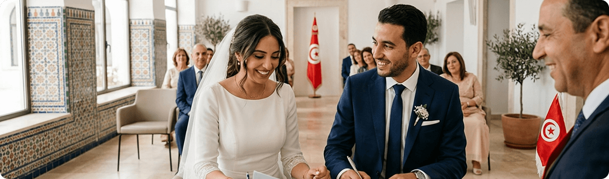 Couple signant un contrat de mariage civil en Tunisie